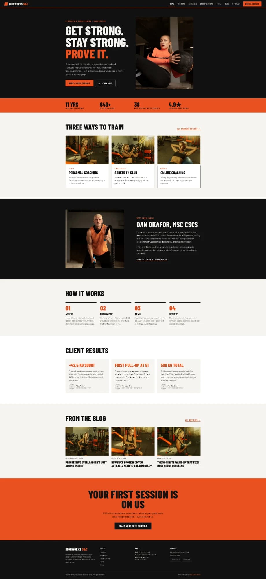 Ironworks template home page — hero, stats band, three ways to train, coach bio and client results