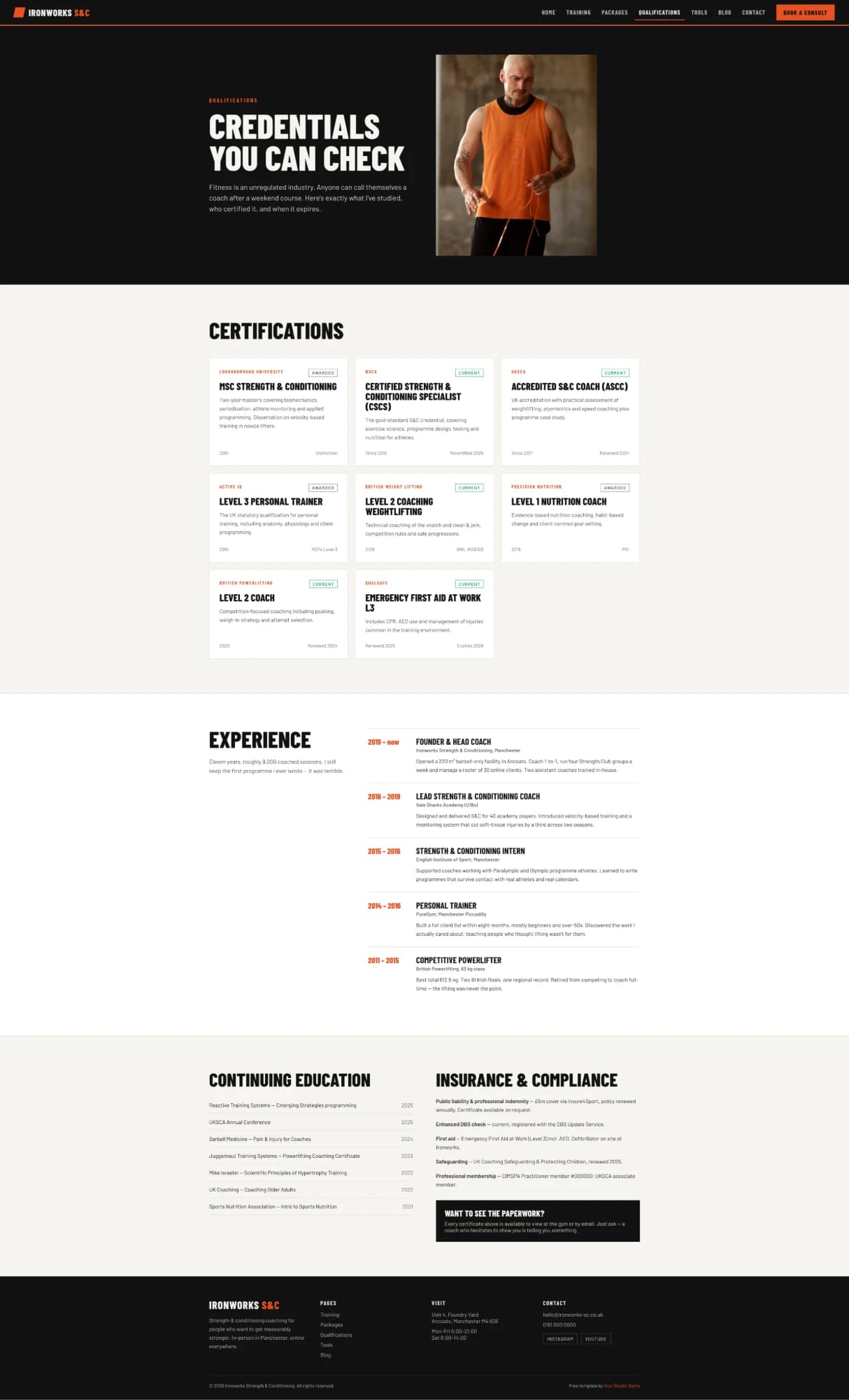 Ironworks template qualifications page — certifications, experience timeline, continuing education and insurance