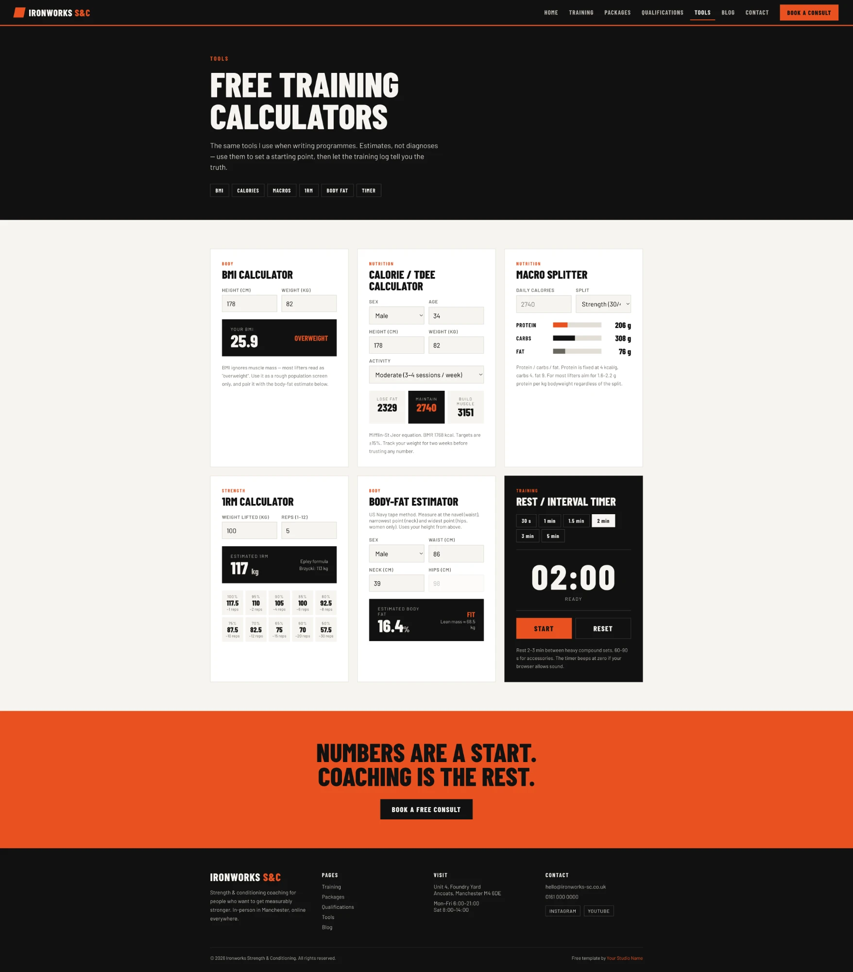 Ironworks template tools page — BMI, calorie, macro, one-rep max and body-fat calculators plus a rest timer