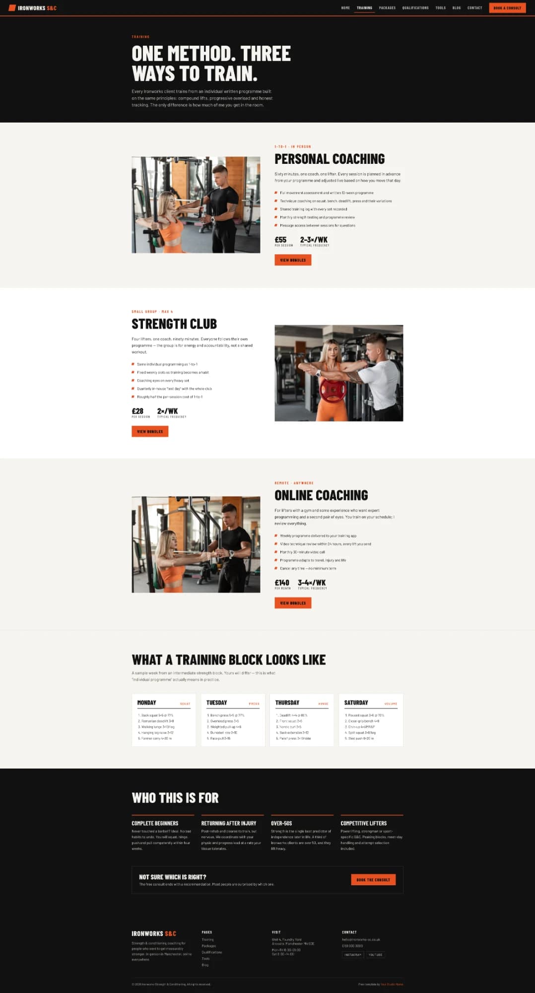 Ironworks template training page — personal coaching, strength club and online coaching with a sample week
