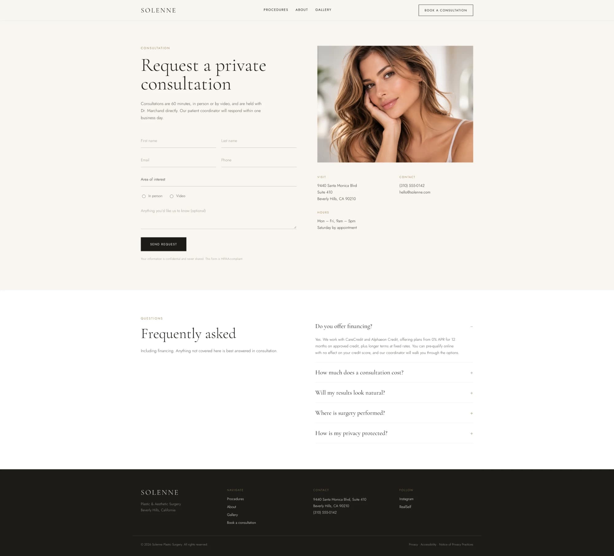 Solenne template consultation page — request form, practice details and FAQ accordion