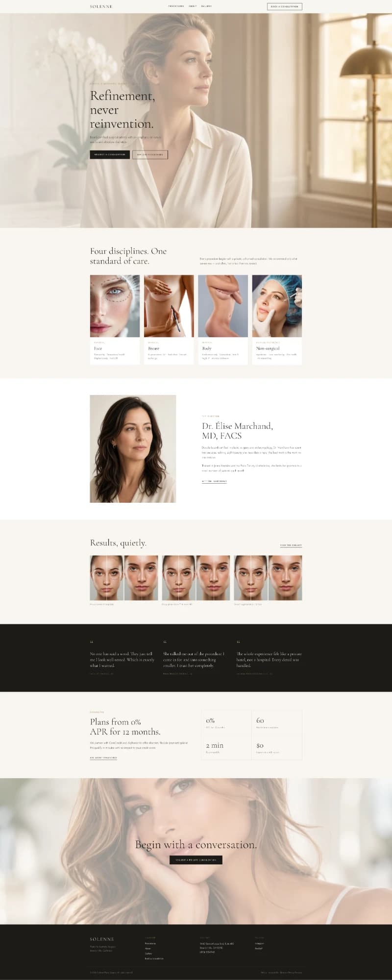 Solenne template home page — hero, four disciplines, surgeon introduction and financing band