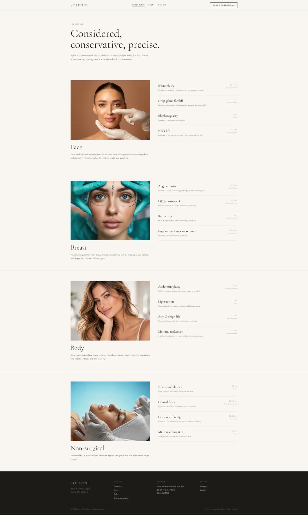 Solenne template procedures page — face, breast, body and non-surgical sections with times and downtime