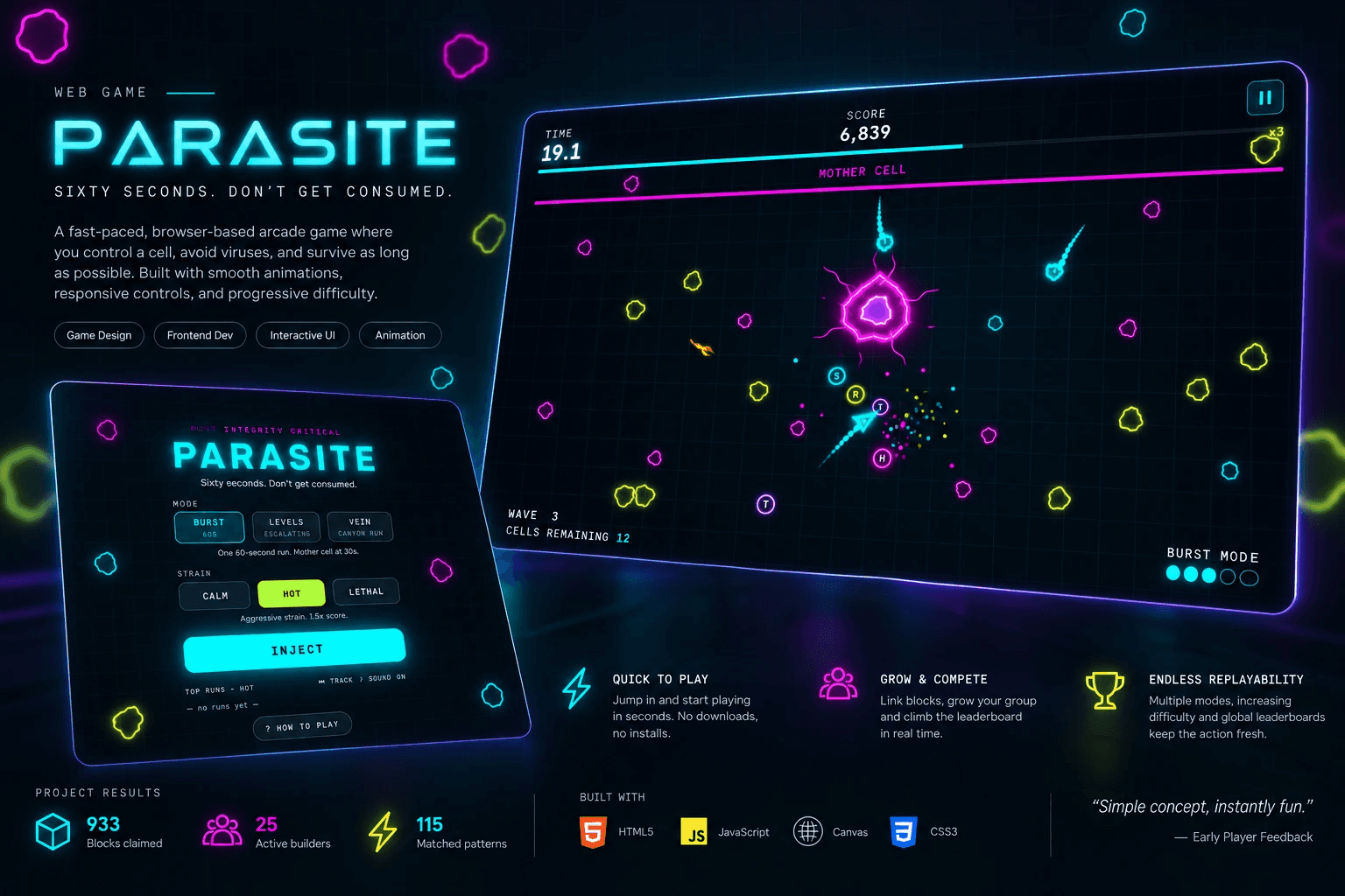 Parasite — a neon arcade browser game built by RAWR